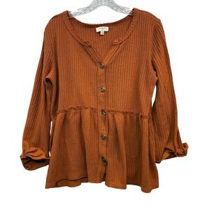 Umgee Women's Waffle Knit Baby Doll Peplum Top Long Sleeve Boho Size S